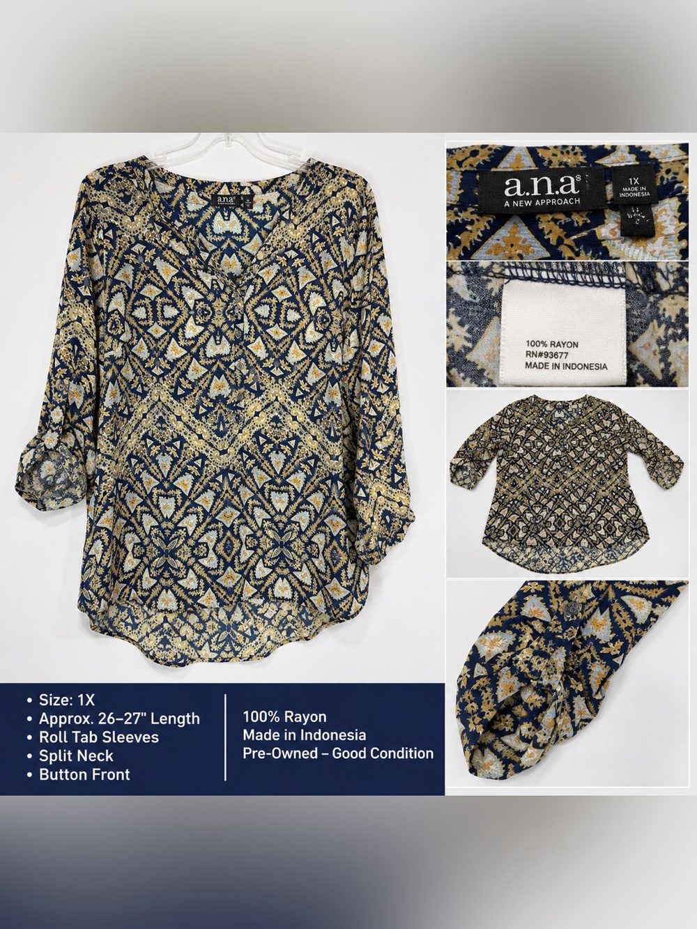 a.n.a Navy and Gold Geometric V-Neck Roll-Tab Blouse 1x career blouse top semi